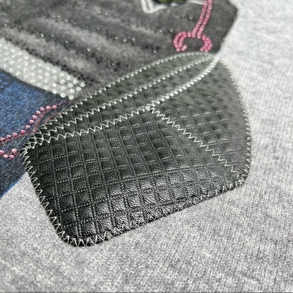 GABBY ISABELLA Lady Patchwork Jewelled Appliqué Grey Graphic Crewneck Sweater - Picture 12 of 17